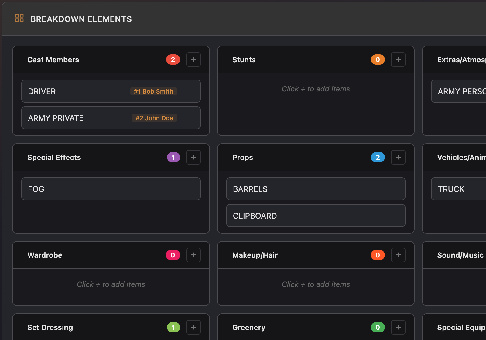Scene breakdown form in Lína with color-coded categories for cast, props, and wardrobe