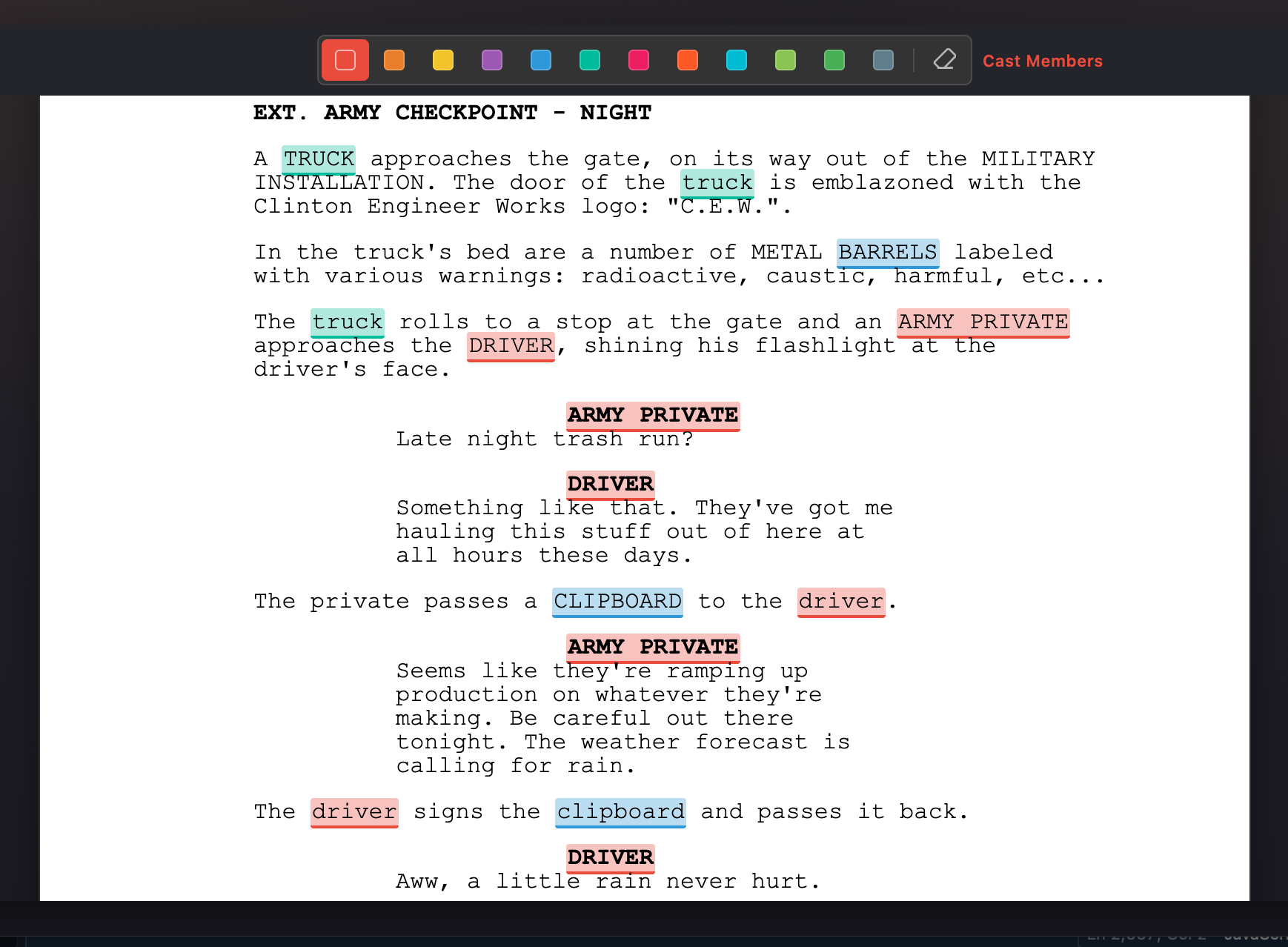 Interactive scene breakdown tagger in Lína with color-coded categories for cast, props, wardrobe, and more