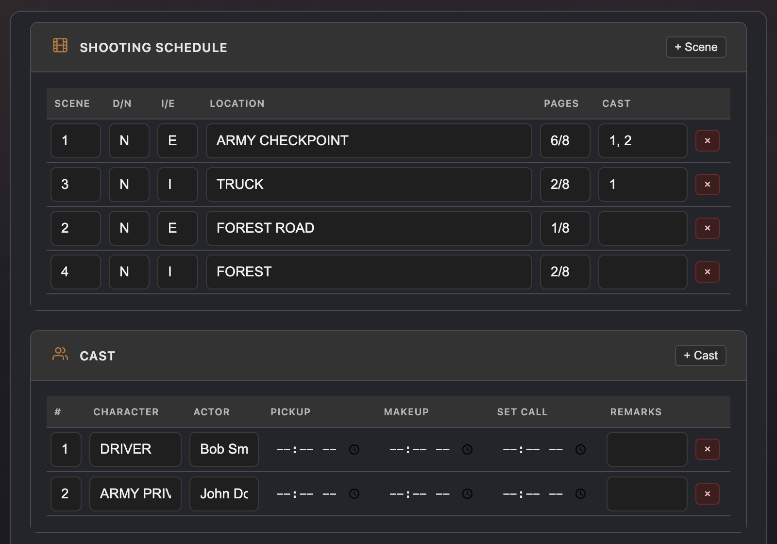 Professional call sheet generated by Lína with crew calls, scene details, and weather