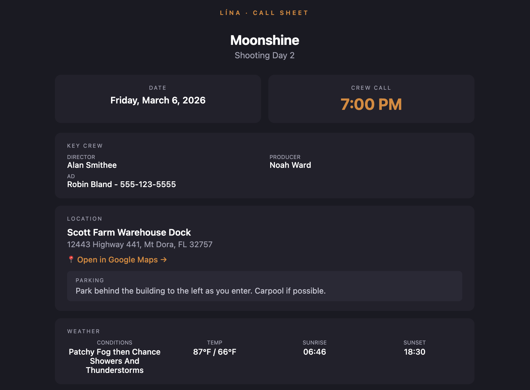 Professional call sheet generated by Lína with crew calls, scene details, and weather